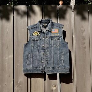 Harley Davidson Denim Vest Motorcycle Biker Patches Flags Mens Size L